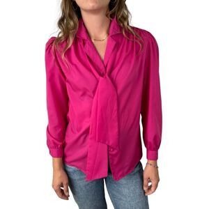 Vintage 90s Women’s Steven Barry Button Down Blouse Hot Pink Neck Tie Size Small